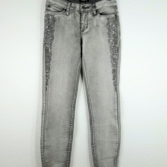 BEBE Skinny Fit Jeans Gray Wash Rhinestones Sz 24 - Picture 2 of 5